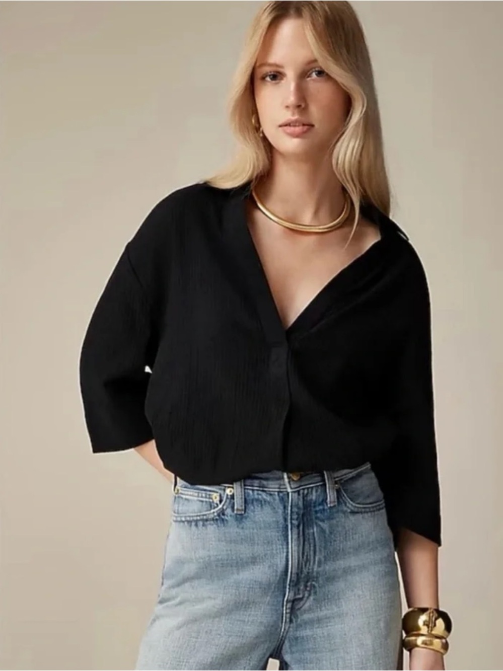 J Crew 100% Cotton Airy Gauze Short Sleeve V-Neck Popover Shirt Large Black